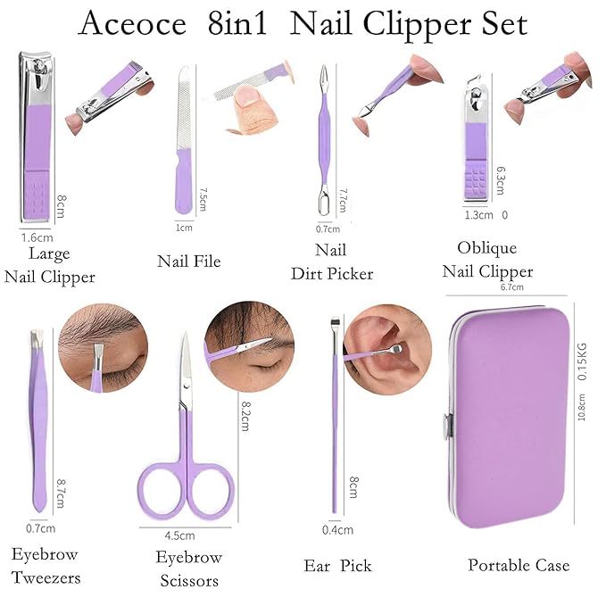 Aceoce Manicure Set Women's Nail Clipper Set Nail Kit with Travel Case - Purple, Stainless Steel, Compact, Curved Edge, Perfect for Travel & Everyday Use