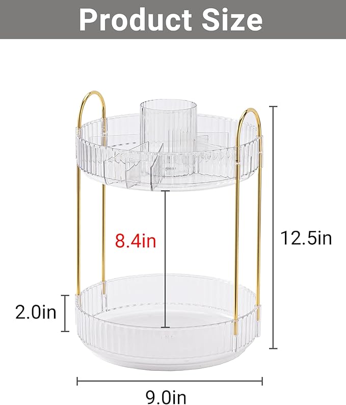 360 Rotating Makeup Organizer,2 Tier Large Capacity Make Up Organizers and Storage,Skincare Perfume Vanity Organizers,Bathroom Cosmetics Storage Organizer Countertop(Clear)