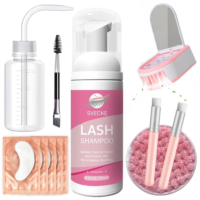 Lash Shampoo Kit, 2 fl.oz / 60ml Eyelash Cleanser, Eyelash Shampoo for Lash Extensions, Lash Cleaning Kit with Lash Fan Dryer, Eyelash Remover for Salon and Home Use