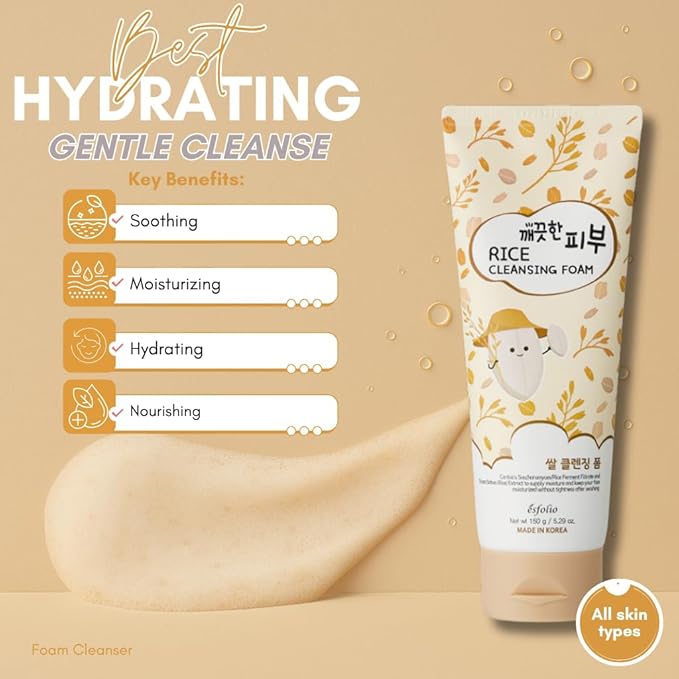 esfolio Rice Cleansing Foam Face Wash – Gentle Daily Facial Cleanser with Soft Creamy Foam – Suitable for All Skin Types – Helps Remove Dirt, Oil, and Impurities Without Drying (5.29oz -150g)