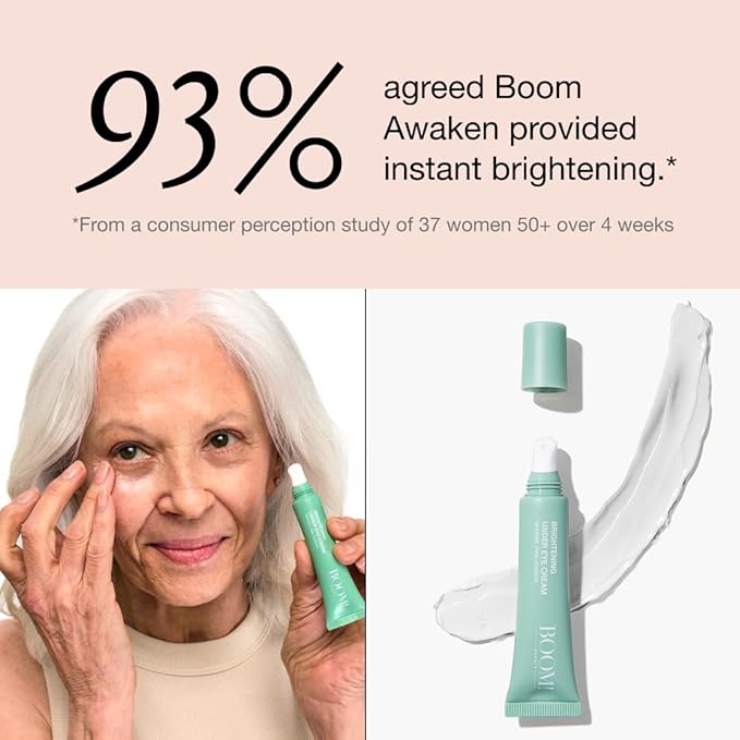 Boom Awaken Cooling Under Eye Cream - Targets Puffiness & Uneven Tone with Vitamin C, Licorice Root, Wild Mint, Green Tea & Hyaluronic Acid - Lightweight, Refreshing, Vegan Formula - 0.5 oz