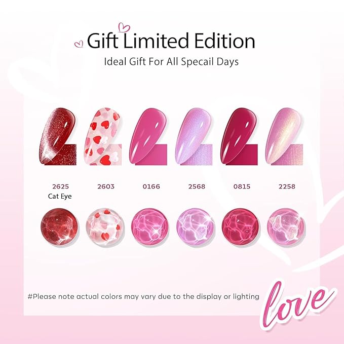 modelones Gel Nail Polish Set, 6 Colors 2026 Valentine's Day Pitaya Hot Pink Red Cat Eye Gel Polish Mermaid Pink Red Love-heart Glitter Nail Polish with Magnet & Wooden Pen Soak Off LED Manicure Gift