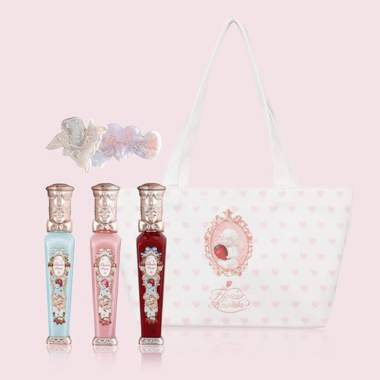 Flower Knows Strawberry Rococo Cloud Lip Cream 3-Piece Set,S03+S05+S08 with Canvas Tote Bag & Hair Clip,Velvety Matte Liquid Lipsticks,Moisturizing Long Lasting Lip Stain for Girls & Women