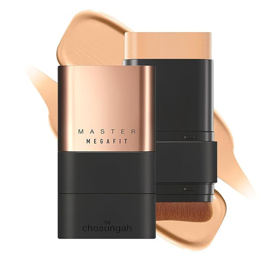 CHOSUNGAH BEAUTY Mega Fit Master Glow Stick Foundation with Brush, 120H Long Lasting Radiant Coverage, All-in-One Stick for Easy Application, K-Beauty, Shade 23, 0.56oz (2.5W Tan Beige)