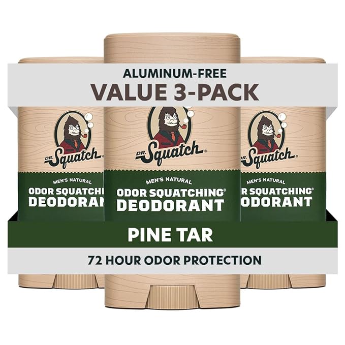 Dr. Squatch Natural Men’s Deodorant – Aluminum Free Natural Deodorant Men with Charcoal & Postbiotics for 72-Hour Odor Protection – Pine Tar, 2.65oz Stick (3-Pack)