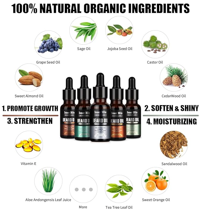 ISNER MILE 5 Pack Beard Oil Kit: Sandalwood Orange Cedarwood Sage Unscented for Beard Care & Conditioner, Christmas Stocking Stuffers for Adults Men, Birthday Gifts for Him Boyfriend Dad Husband