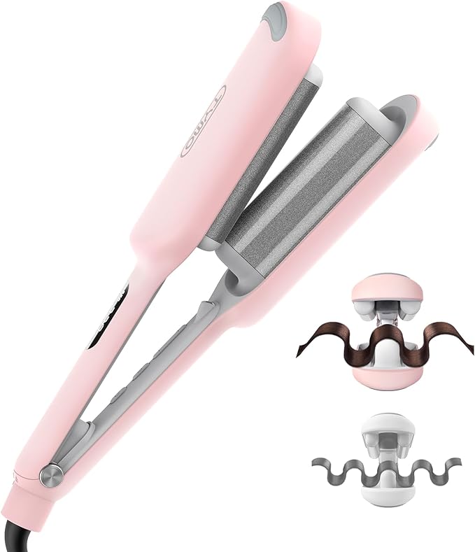Curling Iron Hair Crimper Waver - TYMO ROVY Beach Waves Curling Wand, Ionic Deep Waver Hair Curler Tool with Ceramic 3 Barrel for Women, Dual Voltage, Anti-Scald, Easy to Use, Pink, 1.25 Inch