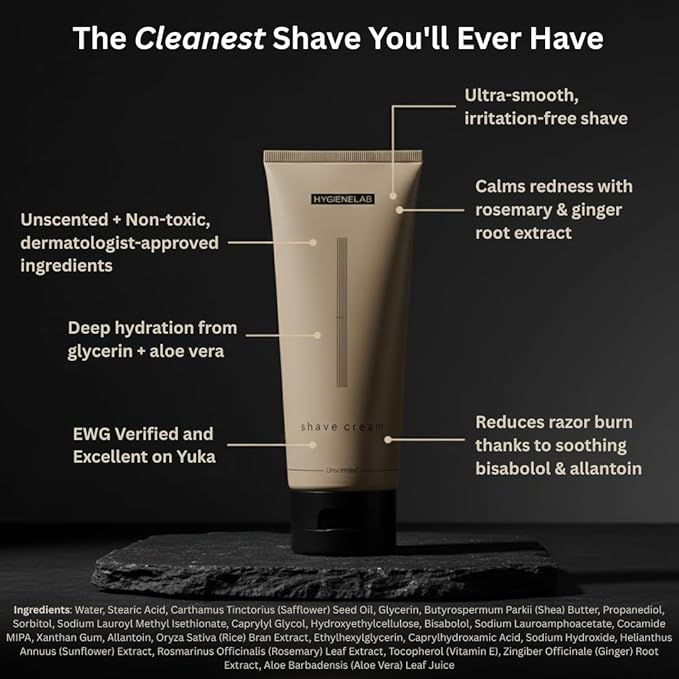 HygieneLab Shaving Cream, Yuka Rated 100/100 – Fragrance-Free, Non-Toxic Formula with Aloe Vera & Shea Butter, Hydrating for Sensitive Skin, Helps Reduce Razor Burn (6.76 oz)