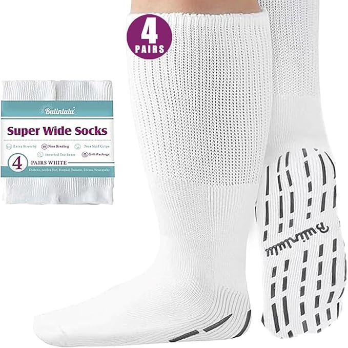 Bulinlulu Extra Width Socks for Swollen Feet-4 Pairs Hospital Grip Socks,Bariatric Socks,Diabetic Socks for Women Men 13-15