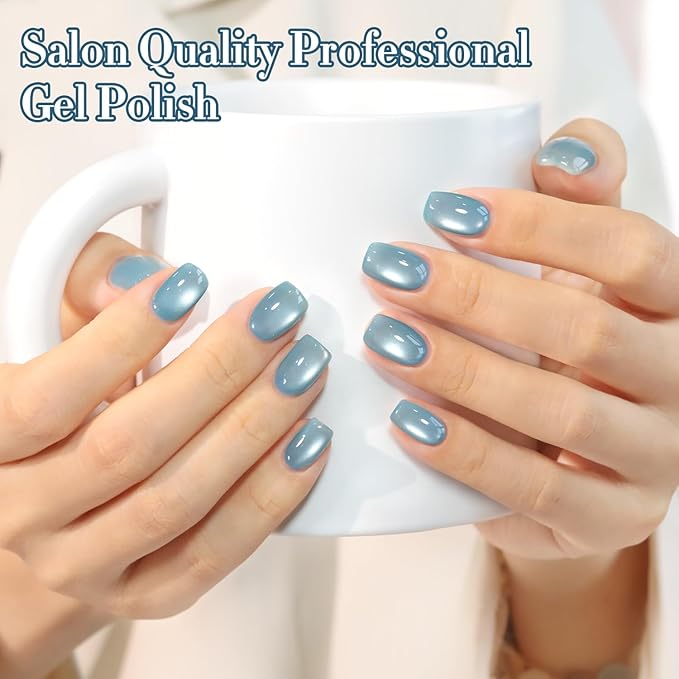 Double Rhythm Jelly Glass Cat Eye Gel Polish with Magnet 15ML Holographic Glitter Shimmer Translucent Sheer Color Magnetic Nail Polish Salon DIY at Home (Mist Blue-MC1222)