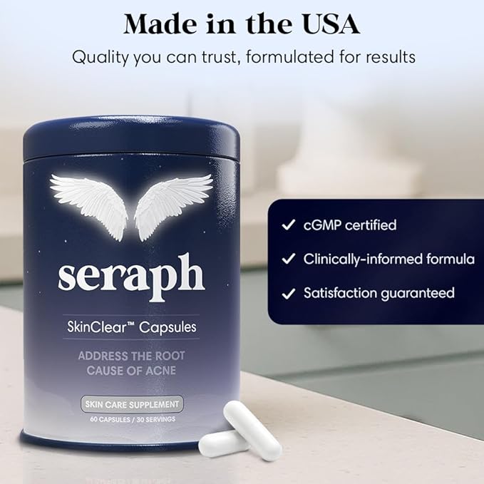 Seraph Acne Supplement - Hormonal Acne Pills Treatment - Pimple Supplements for Women - Skin Clear Capsules for Teen, Men, & Adults - Made in USA - 60 Tablets