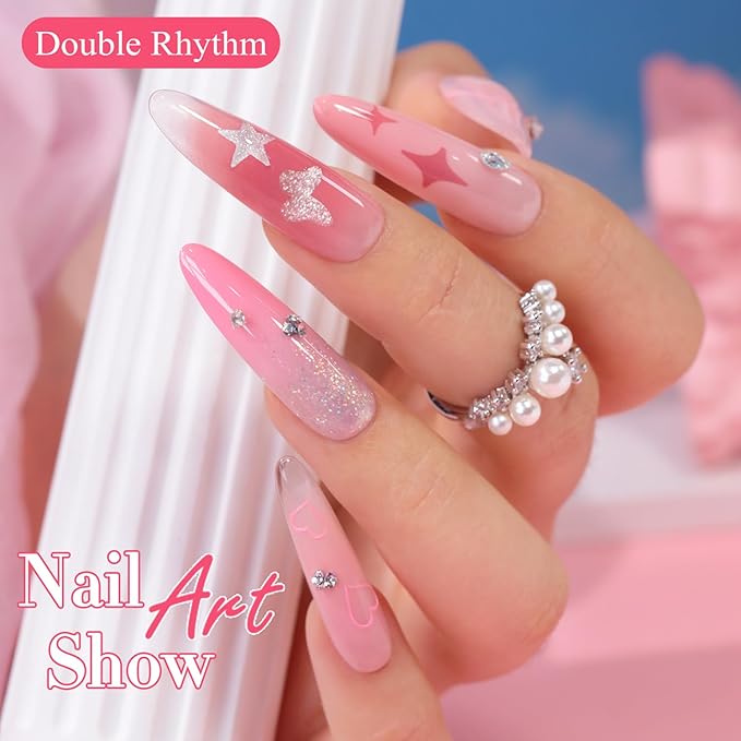 Double Rhythm Painting Gel Polish Set for Nail Art Palette Patting Gel Polish 6 Colors with 100 Pcs Sponges and Grabbing Pen (Nude Pink Purple Rose-T6-65)