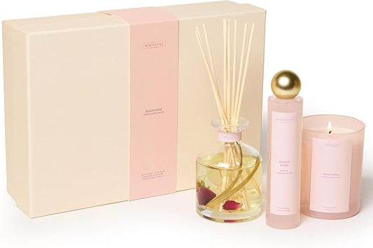 Benevolence LA Beach Rose Gift Box | Candle, Room Spray & Reed Diffuser | Rose & Sandalwood | Elegant Home Fragrance | Ready for Gifting | Gift Set for Women