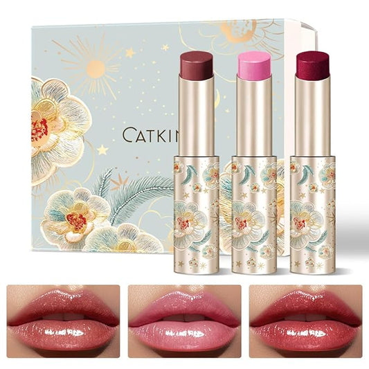 CATKIN Glossy Lip Balm 3pcs Gift Set, Ultra Hydating Glow Lip Tinted Jelly Plump Melting Balm Shea Butter Repair Soothing For Dry Lips Dewy Finished 0.12 oz 02