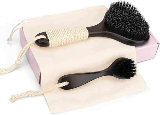 Bamboo Dry Brushing Set with Body and Face Brush, Dry Scrub Brush with Exfoliating Natural Boar Bristle for Lymphatic Drainage, Cellulite Reduction, Blood Circulation and Glowing Skin, 2 Pack