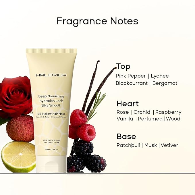 HALOVIDA Hair Mask for Damaged Hair, Silk Mallow Hair Mask Includes Olive Oil & White Truffle - Deep Conditioning Treatment for Permed, Color Treated, Strengthens, Repairs Frizz, 6.8 fl oz