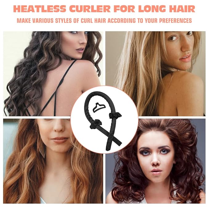 Heatless Curling Rod Headband No Heat Silk Ribbon Curling Rod Hair Roller Curls with Hair Claw Clip Lazy Natural Soft Wave DIY Hair Rollers Styling Tool for Sleep in Overnight (Black)