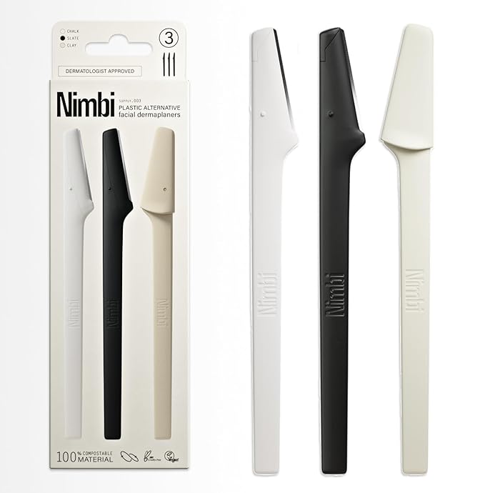 Nimbi Dermaplaner Razor, Precision Eyebrow Shaper, Facial Hair Removal & Exfoliation, Plastic-Free, 3 Count
