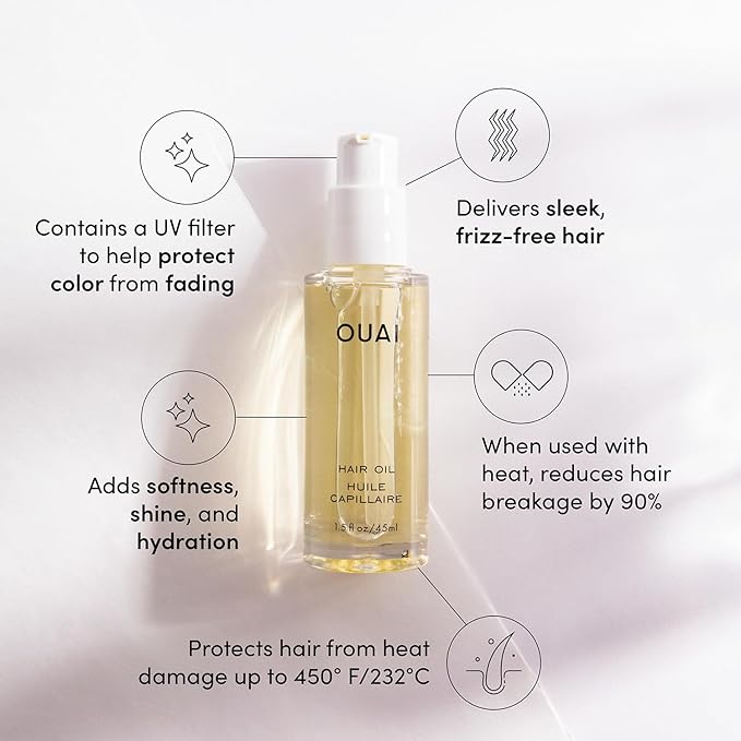 OUAI Hair Oil Travel Size - Hair Heat Protectant Oil for Frizz Control - Adds Shine and Smooths Split Ends - Color Safe Formula - Paraben, Phthalate and Sulfate Free (0.45 oz) (Pack of 2)