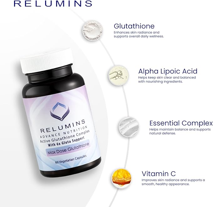 Relumins Advance White Active Glutathione Complex - Max Dose 900mg Glutathione with 6X Boosters, ALA & NAC - Anti-Aging & Skin Brightening Supplement for Self-Care - 60 Caps x 30 Bottles