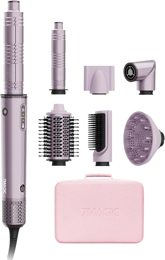 7MAGIC Hot Air Styler Wrap, 7 in 1 Professional Hair Dryer Brush with Auto-Wrap Curlers, Fast Drying Blow Dryer, Volumizing Straightening Styling Multi-Styler No Heat Damage, Travel Case (Purple)