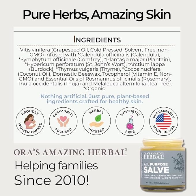 Ora's Amazing Herbal All Purpose Salve, Natural Healing Ointment, Tea Tree Oil Skin Balm, Comfrey Calendula Thyme Plantain, Hand Salve, Rash Cream, Dry Skin Repair, Itch Relief, 1 oz Glass Jar
