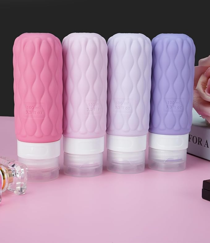 100 ml Silicone Travel Bottles for Toiletries with Labels/Clear Bag, Holiday Travel Essentials Leakproof Refillable Squeeze Travel Size Containers Set for Shampoo and Conditioner