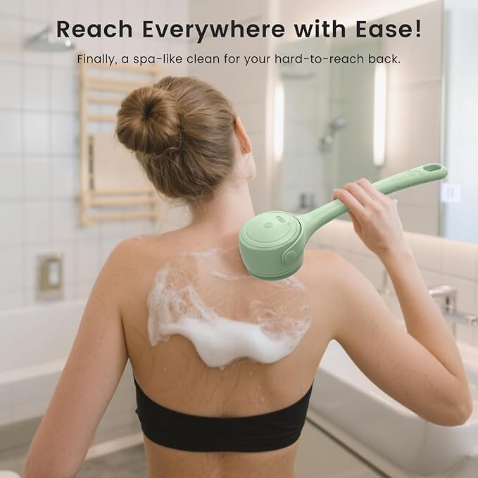 Electric Back Scrubber for Shower - Waterproof Rechargeable Exfoliating Brush for Deep Cleansing, Soft Bristles for Sensitive Skin, Dry/Wet Use for Back, Arms & Legs