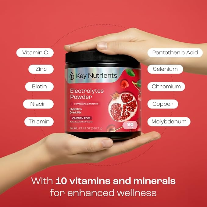 KEY NUTRIENTS Multivitamin Electrolytes Powder No Sugar - Sweet Cherry Pom Electrolyte Powder - Endurance & Energy Supplement - Hydration Powder - No Calories - 90 Servings - Made in USA