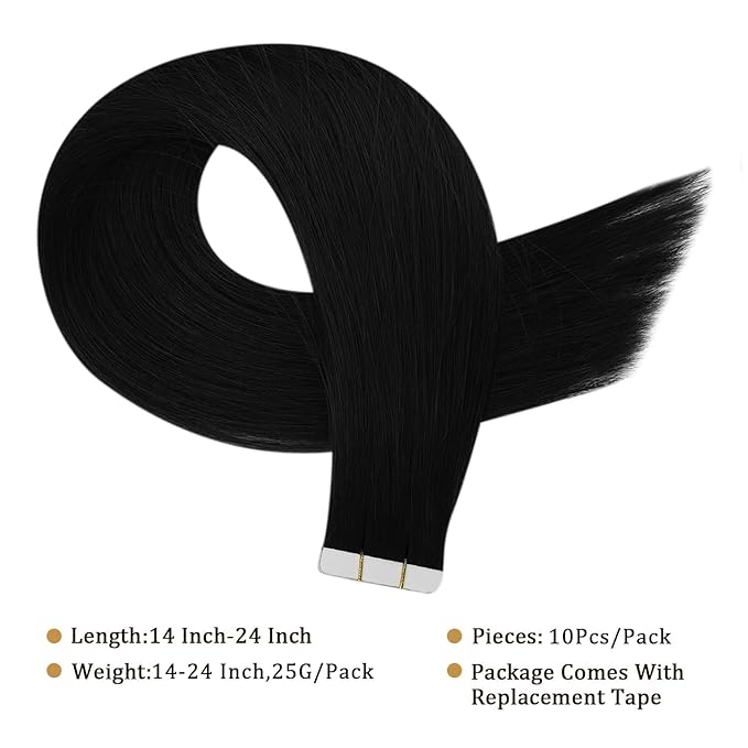 Full Shine Virgin Tape in Hair Extensions Color 1 Jet Black Tapes Extensions 14 Inch Remy Hair Extensions Tape in 25 Gram Double Sided Tapes Hair Extension 10 Pcs Long Lasting for Women