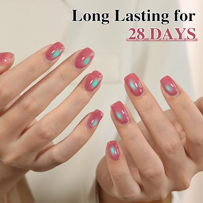 Double Rhythm Jelly Glass Cat Eye Gel Polish with Magnet 15ML Holographic Glitter Shimmer Translucent Sheer Color Magnetic Nail Polish Salon DIY at Home (Pink Teal-MC1267)