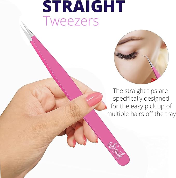 SIVOTE Lash Tweezers for Eyelash Extensions – Professional Stainless Steel Straight & Curved Tips – Precision Lash Extension Tweezers Set for Volume & Classic Lashes (c, Pink)