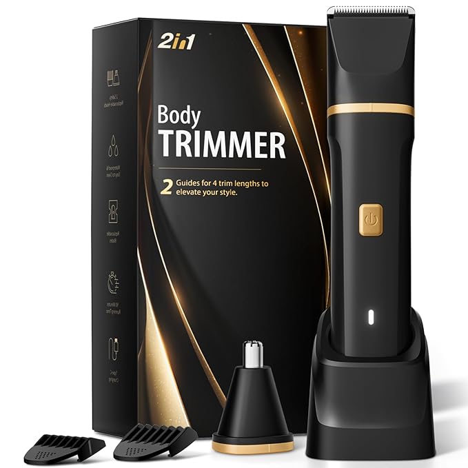 Electric Body Trimmer for Men, IPX7 Waterproof Groin and Pubic Hair Shaver, 2 in 1 Dual Head Grooming Kit for Beard Nose Ear, Cordless Rechargeable with Charging Dock, Ceramic Blades, Painless Trim