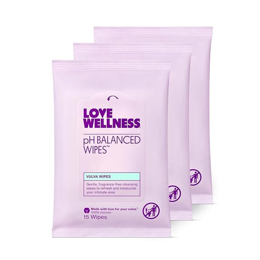 Love Wellness pH Balancing Wipes for Women | Fragrance-Free | Vulva Cleanser for Balanced pH, Intimate Health & Hygiene | Non-Irritating with Aloe Vera for Sensitive Skin | Travel Size | 3-Pack