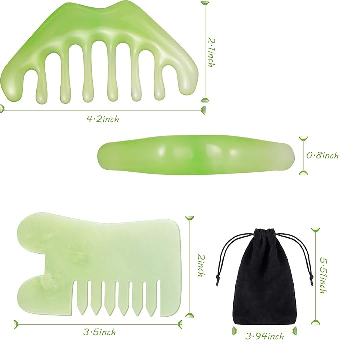 Geiserailie 2 Pcs Jade Combs Esthetician Supplies Massage Stone Hair Gua Sha Scraping Scalp Comb Facial Massage Tool Handheld Head Tools Head Caring Therapy Valentines for Women(Mixed Style)