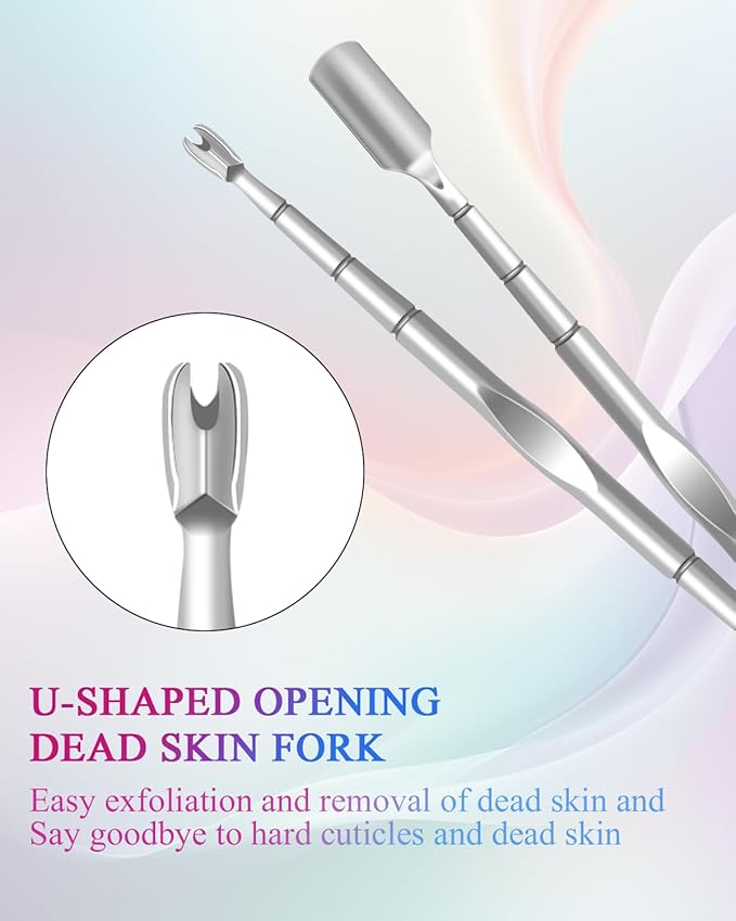 Cuticle Pusher, Pre-treatment Cuticle Pusher, Stainless Steel Loop Cuticle Pusher Dead skin fork, Cuticle Nail Tool with 100#/240# Grit Nail Files and 1 Pcs Storage Bags, For Salon & Home Use (2 Pack)