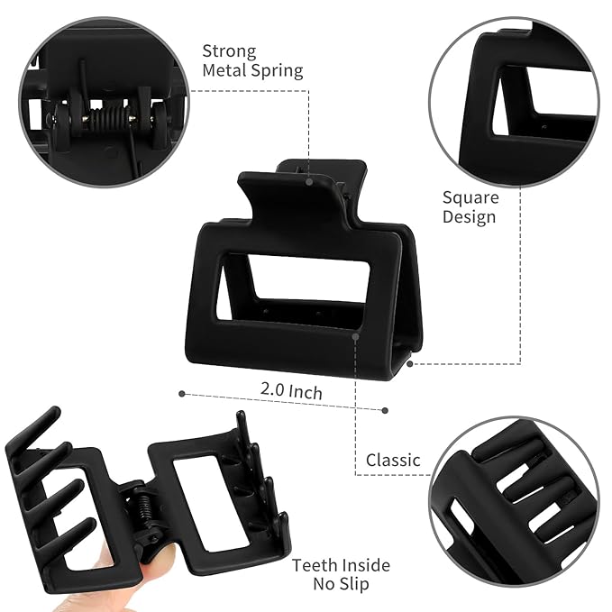 2 Inch Medium Hair Claw Clips 12 Pcs Square Hair Claw Clips for Thin Hair Matte Nonslip Acrylic Banana Jaw Clips Bulk Hair Accessories for women and Girls (Black)