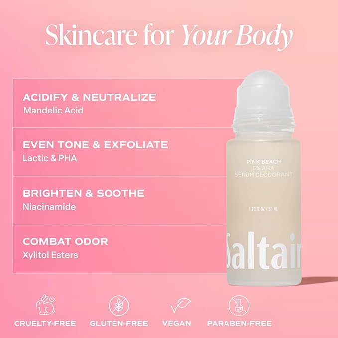 Saltair Serum Deodorant Pink Beach 2 Pack. 5% AHA Formula. Lactic Acid and Mandelic Acid Deodorant. Aluminum Free Odor Control for Women and Men. Travel Essentials, 2x 1.7oz Roll On