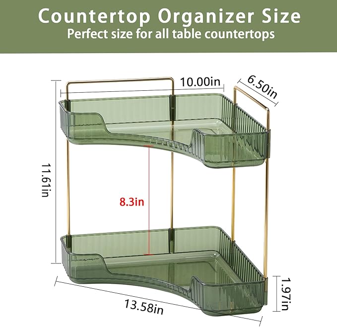 2-Tier Corner Bathroom Counter Organizer – Storage Shelf for Makeup, Perfume & Skincare, Space-Saving Countertop Tray Fits Bathroom, Dresser, Kitchen (Green)