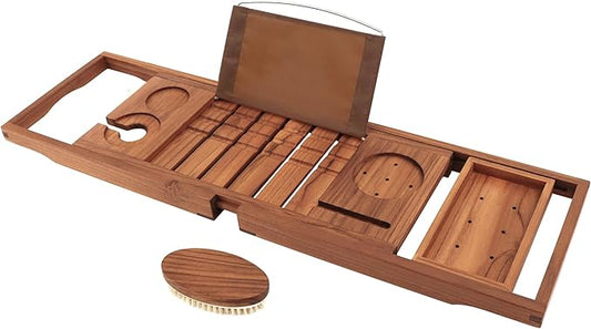 VaeFae Premium Teak Bathtub Tray, Expandable Wooden Bath Tray for Tub, Luxury Bathtub & Bathroom Accessories, Great House Warming, Anniversary & Wedding and Birthday Gifts (Free Teak Body Brush)