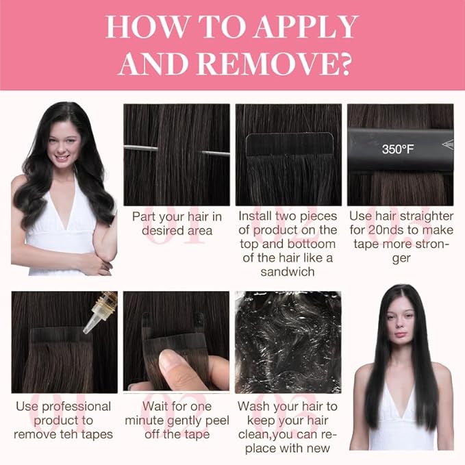 GOO GOO Tape in Hair Extensions Human Hair, 1B Natural black, 16inch 100g 40pcs, Skin Weft Seamless Invisible, Silky Straight with Thick Ends, Remy Human Hair