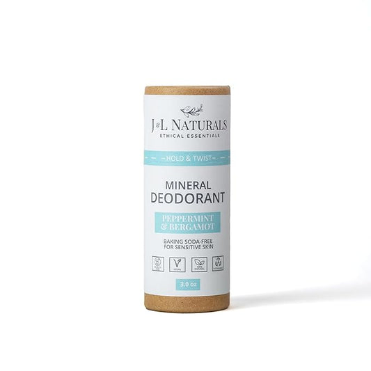 J&L Naturals Mineral Deodorant | Baking Soda-Free, 100% Natural, Sustainable | Sensitive Deodorant For Women & Men | Aluminum Free, Vegan, Cruelty-Free (Peppermint & Bergamot, 3 Oz (Pack of 1))
