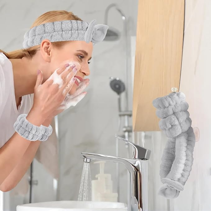 Face Wash Set - Microfiber Headband, Wristbands with Holder for Comfortable Facial Cleansing