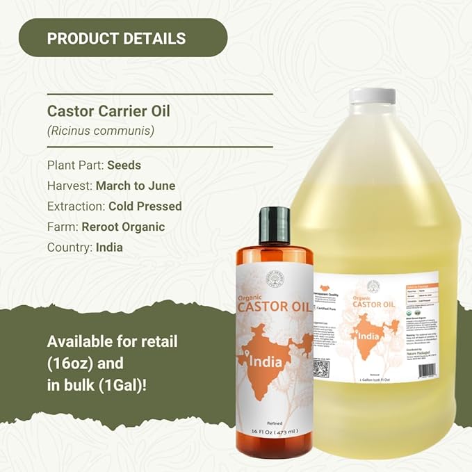 Nature Packaged Organic Castor Oil Direct From India - Cold Pressed Castor Oil For Face, Hair Growth, Eyelash Serum, Eyebrow - Skin and Face Moisturizer and Detox - Hexane Free 4 Gallon