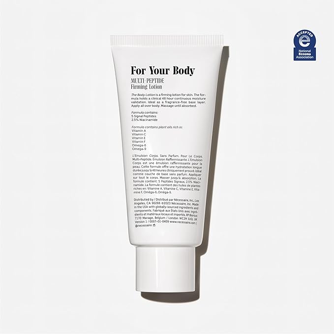 Nécessaire The Body Lotion Fragrance-Free - Multi-Peptide Moisturizer - Firming Body Lotion for Women + Men. 2.5% Niacinamide. Non-Comedogenic + Hypoallergenic for Sensitive Skin– 200 ml/6.8 fl oz