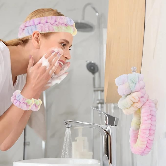 Face Wash Headband and Microfiber Wristband Set - Wrist Towels with Holder for Washing, Absorbent Spa Scrunchies