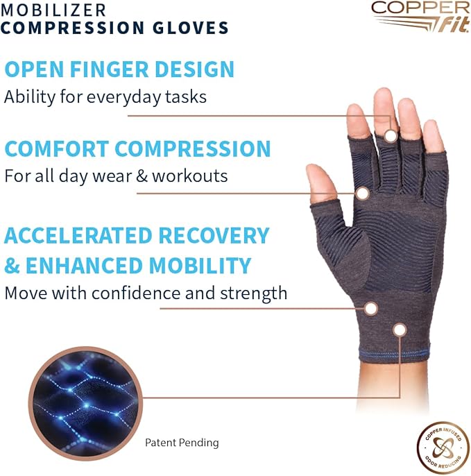Copper Fit Mobilizer Hand Compression Gloves: Arthritis, Joint Swelling, Tendonitis, Sport - For Men and Women