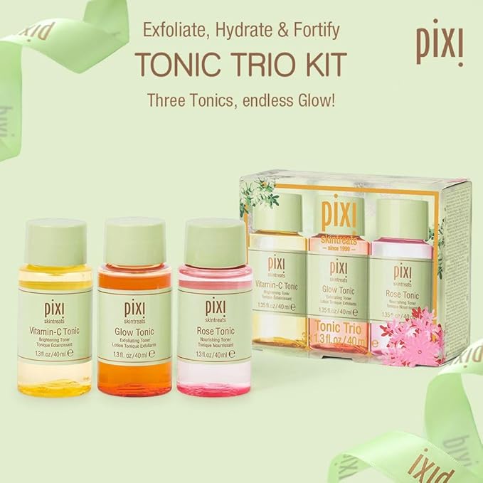 Pixi Beauty Tonic Trio | Holiday Edition Gift Set with 3 Pixi Favorite Tonics | Glow Tonic, Vitamin- C Tonic, Rose Tonic | Calming, Hydrating, Gentle Exfoliating and Smoothing