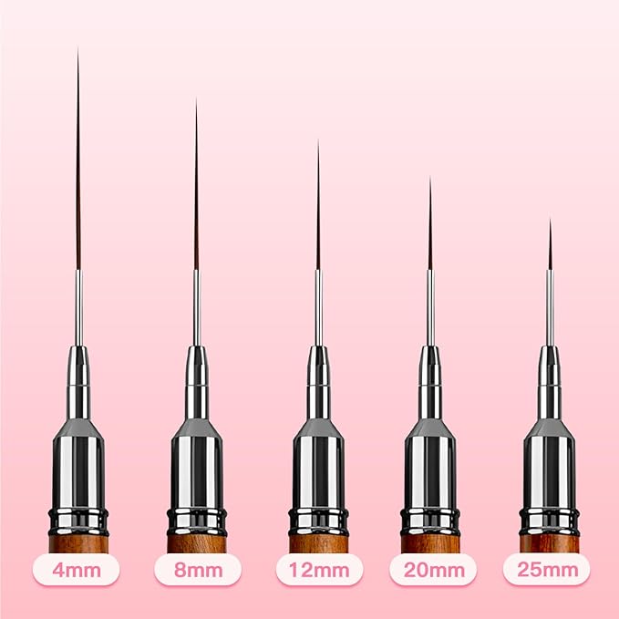 Nail Art Brushes, 5Pcs Wooden Handle Liner Brush Set, UV Gel Polish Painting Art Design Pen for Long Lines, Thin Details, Fine Drawing Sizes 4/8/12/20/25mm(Natural)