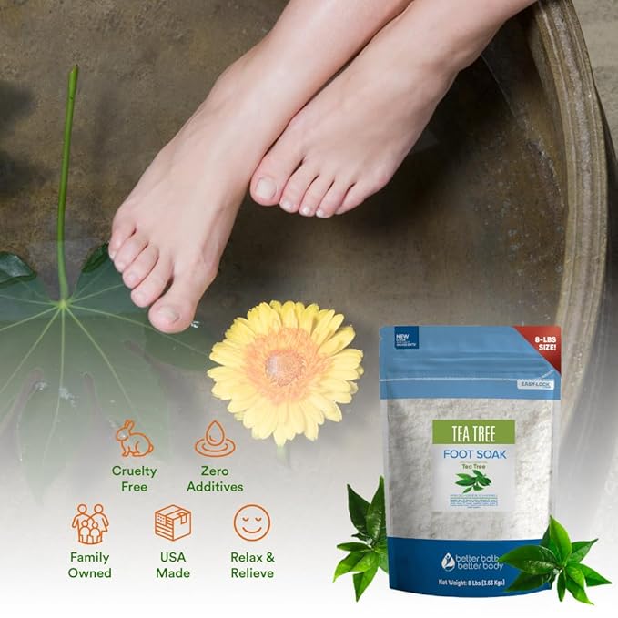 Tea Tree Foot Soak 128 Ounces (8 Lbs) Epsom Salt with Natural Scent Tea Tree and Lavender Pure Essential Oils Plus Vitamin C in BPA Free Pouch with Easy Press Lock Seal Made in USA